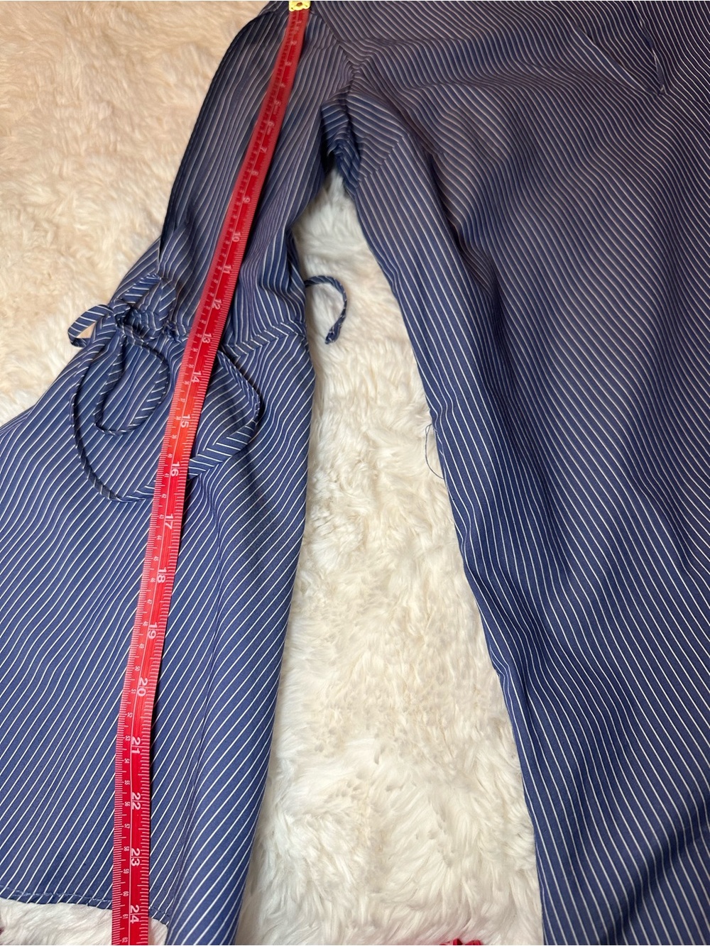 Socialite Blue White Pinstripe Mini Shift Dress Tunic Bell Sleeve Pockets M - Picture 10 of 12